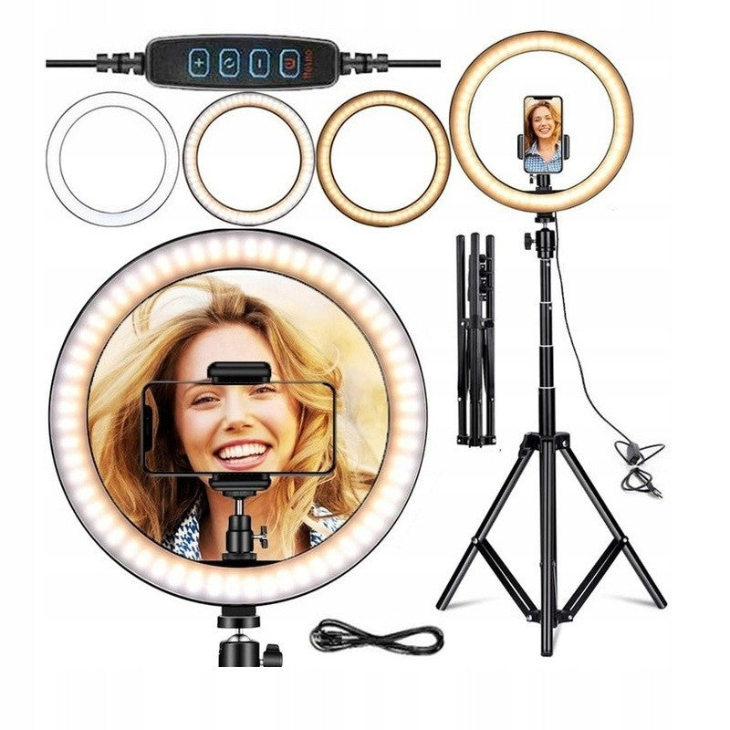 Lampa Led Circulara Cu Trepied Metalic Extensibil, Rotativa 360 De Grade, Lungime Extensie 210 Cm, Diametru Lampa 26 Cm, Conectare Usb, Telecomanda, 3 Trepte De Lumina - vivimall.ro