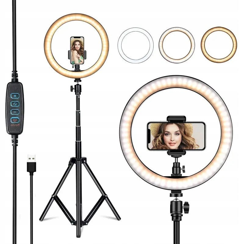 Lampa Led Circulara Cu Trepied Metalic Extensibil, Rotativa 360 De Grade, Lungime Extensie 210 Cm, Diametru Lampa 26 Cm, Conectare Usb, Telecomanda, 3 Trepte De Lumina - vivimall.ro