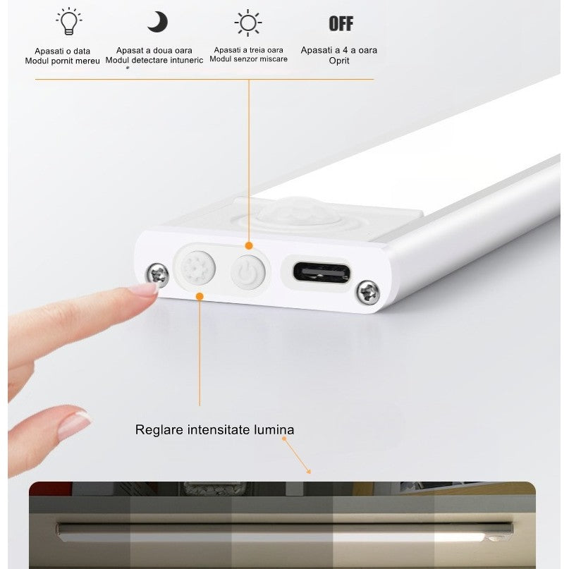 Lampa Led Cu Senzor De Lumina Si Miscare 30 Cm, Intensitate Reglabila, Suport Magnetic, 79 Led-Uri, 114.59Lm, Acumulator 600Mah Cu Reincarcare Prin Usb-C, Pentru Bucatarie, Hol, Dressing, Garaj - vivimall.ro
