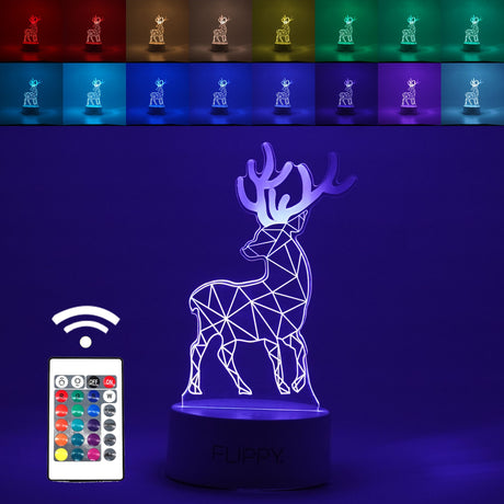 Lampa LED decorativa, Vivimall, 3D, Cerb, cu telecomanda, doua moduri de alimentare USB si baterii, 20 cm inaltime, din material acril si lumina multicolora, alb - vivimall.ro