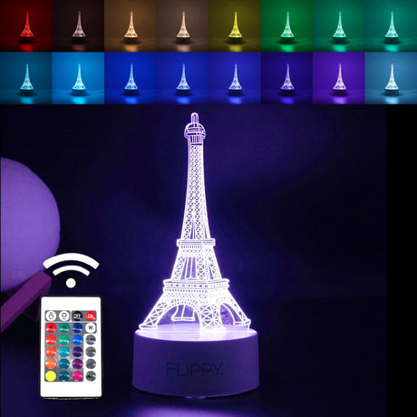 Lampa LED decorativa, Vivimall, 3D, Turnul Eiffel, din material acril si lumina multicolora, alb - vivimall.ro