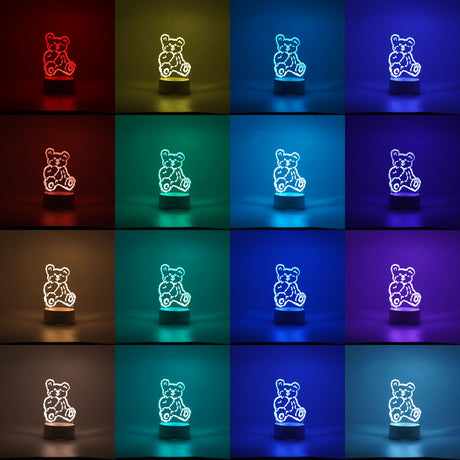 Lampa LED decorativa, Vivimall, 3D, Ursulet, cu telecomanda, doua moduri de alimentare USB si baterii, 20 cm inaltime, din material acril si lumina multicolora, alb - vivimall.ro