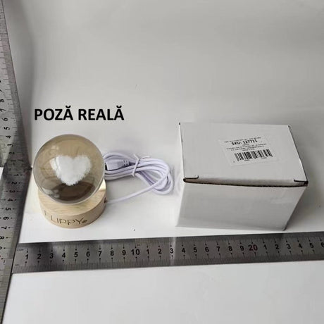 Lampa LED Decorativa, Vivimall, Bila de Cristal cu Diametru 6cm, Model Inima 3D, Alimentare USB, Suport din Lemn, Lumina Alb Cald - vivimall.ro