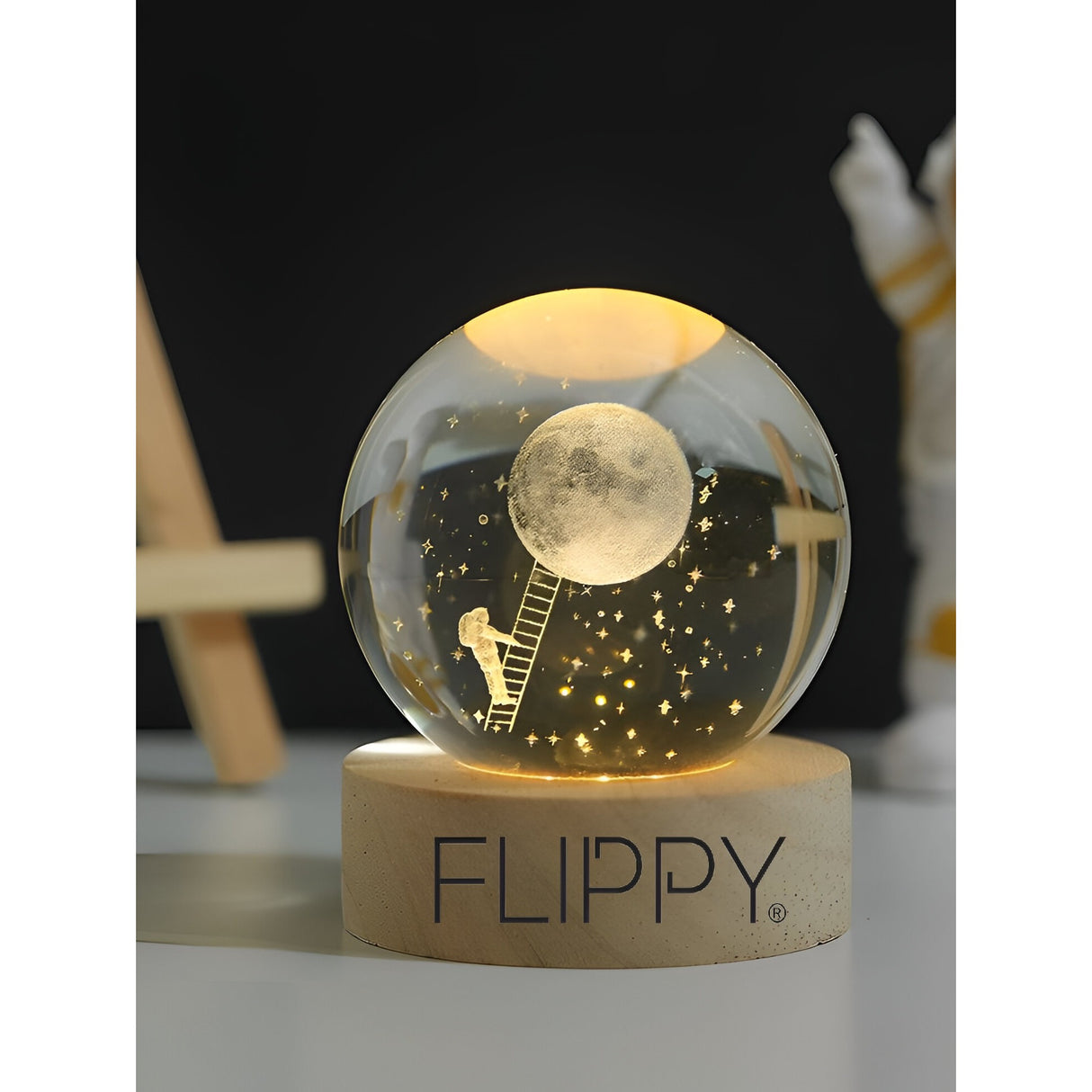 Lampa Led Decorativa, Cu Bila De Cristal Cu Diametru 6Cm, Alimentare Usb, Suport Din Lemn, Lumina - vivimall.ro