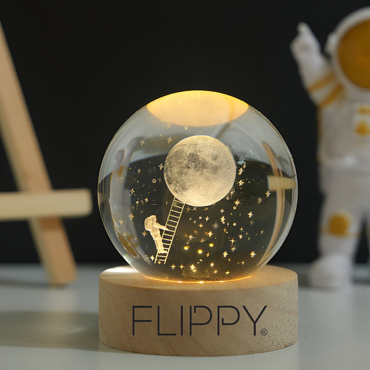 Lampa Led Decorativa, Cu Bila De Cristal Cu Diametru 6Cm, Alimentare Usb, Suport Din Lemn, Lumina - vivimall.ro