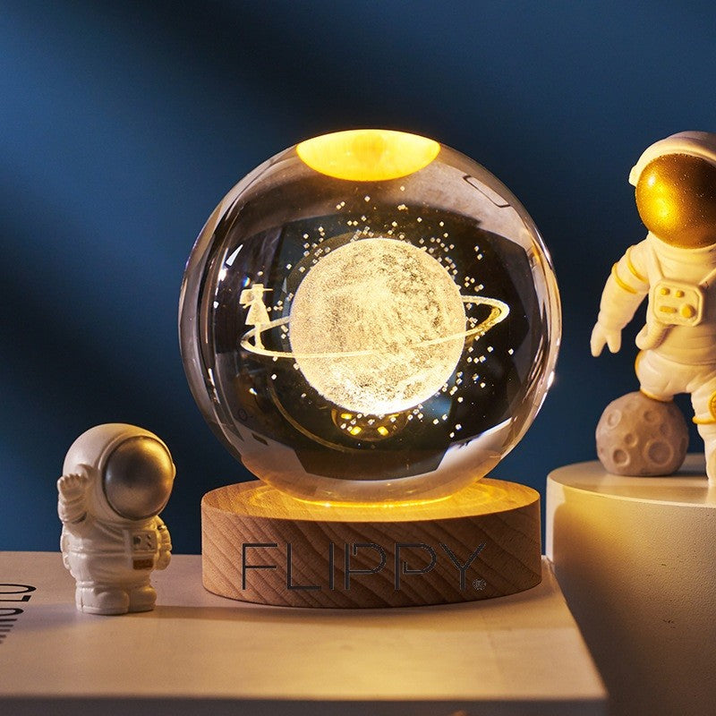 Lampa Led Decorativa, Cu Bila De Cristal Cu Diametru 6Cm, Alimentare Usb, Suport Din Lemn, Lumina