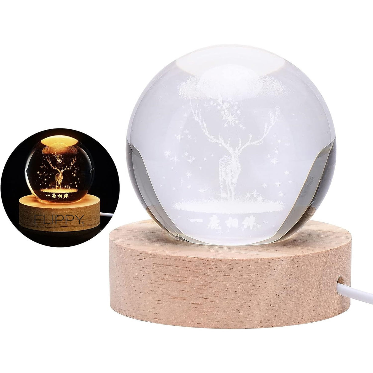 Lampa Led Decorativa, Cu Bila De Cristal Cu Diametru 6Cm, Alimentare Usb, Suport Din Lemn, Lumina