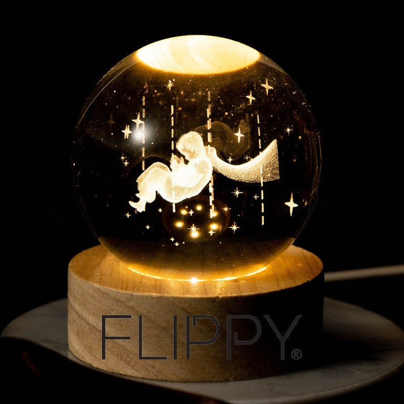 Lampa Led Decorativa, Cu Bila De Cristal Cu Diametru 6Cm, Alimentare Usb, Suport Din Lemn, Lumina