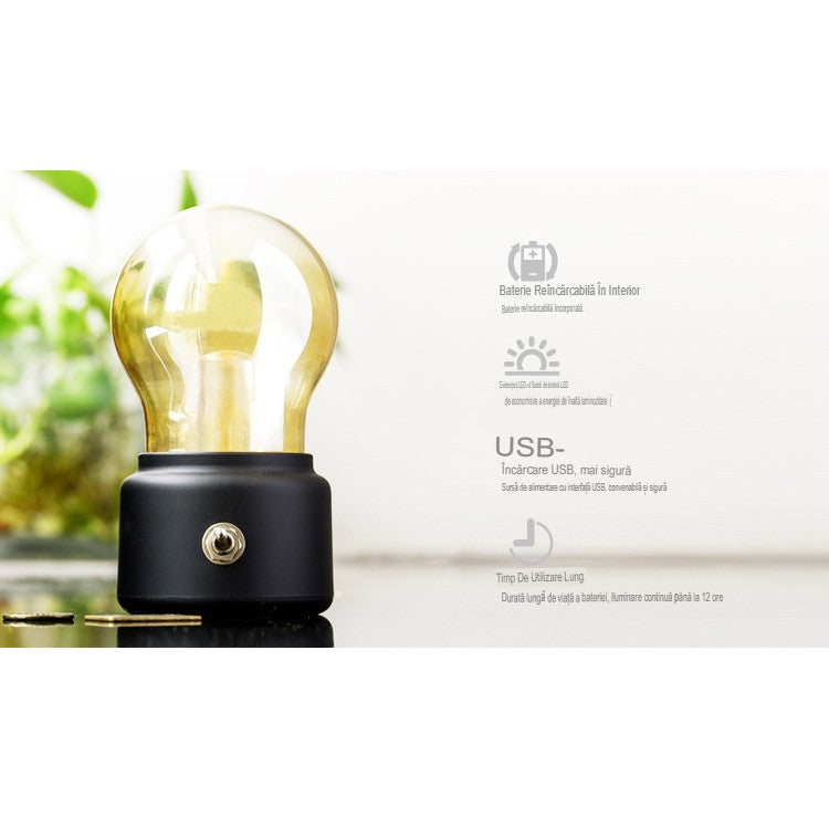 Lampa Led Decorativa Sub Forma De Bulb, Retro Pentru Interior, / Transparent, 5 V, 500 Ma, Abs, Lumina Calda, Incarcare Usb, Autonimie 12 Ore, Comutator Metalic