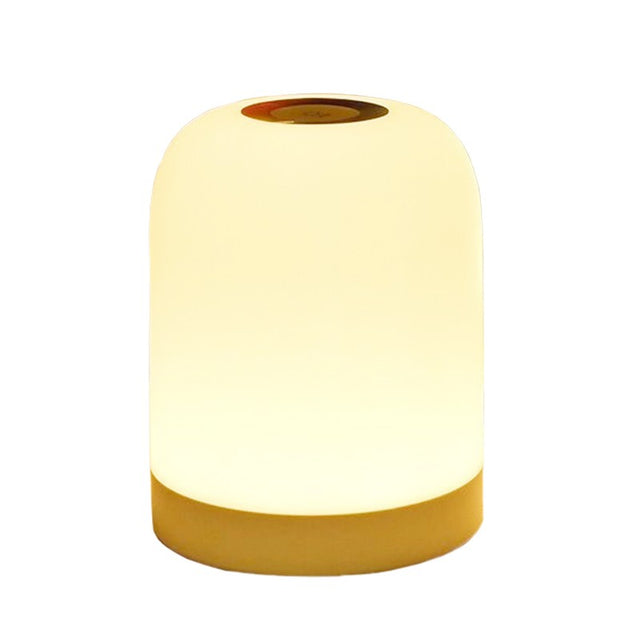 Lampă LED reîncărcabilă RGB albă, vedere frontală, dimensiuni 11×8×8 cm, lumină caldă activată