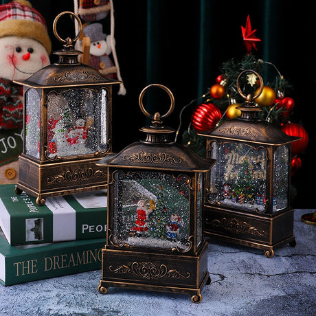 Decoratiune Craciun, Tip Felinar, Figurine Mos Craciun cu Baietel, 3 Moduri, Functie Muzicala, Zapada in Miscare, Functioneaza Cu Baterii ( 3 x AA neincluse), Cablu USB (Inclus), Model Vintage Negru - Auriu, 14.5 x 8 x 23 cm, Alb Cald