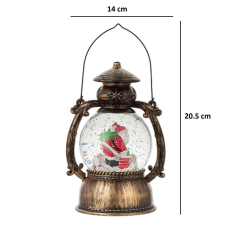 Decoratiune Craciun, Tip Felinar, Figurine Mos Craciun pe Cos, 3 Moduri, Functie Muzicala, Zapada in Miscare, Functioneaza Cu Baterii ( 3 x AA neincluse), Cablu USB (Inclus), Model Vintage Negru - Auriu, 14 x 11 x 20.5 cm, Alb Cald