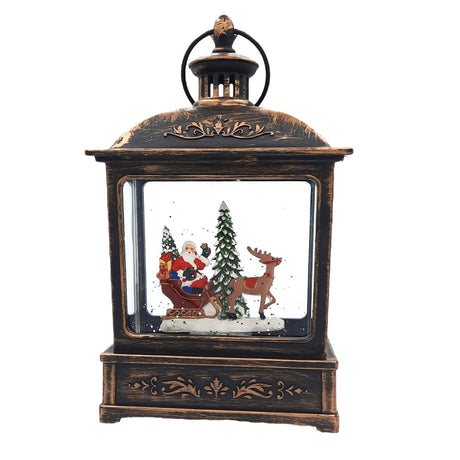 Decoratiune Craciun, Tip Felinar, Figurine Mos Craciun cu Sania, 3 Moduri, Functie Muzicala, Zapada in Miscare, Functioneaza Cu Baterii ( 3 x AA neincluse), Cablu USB (Inclus), Model Vintage Negru - Auriu, 15 x 8.1 x 22.5 cm, Alb Cald