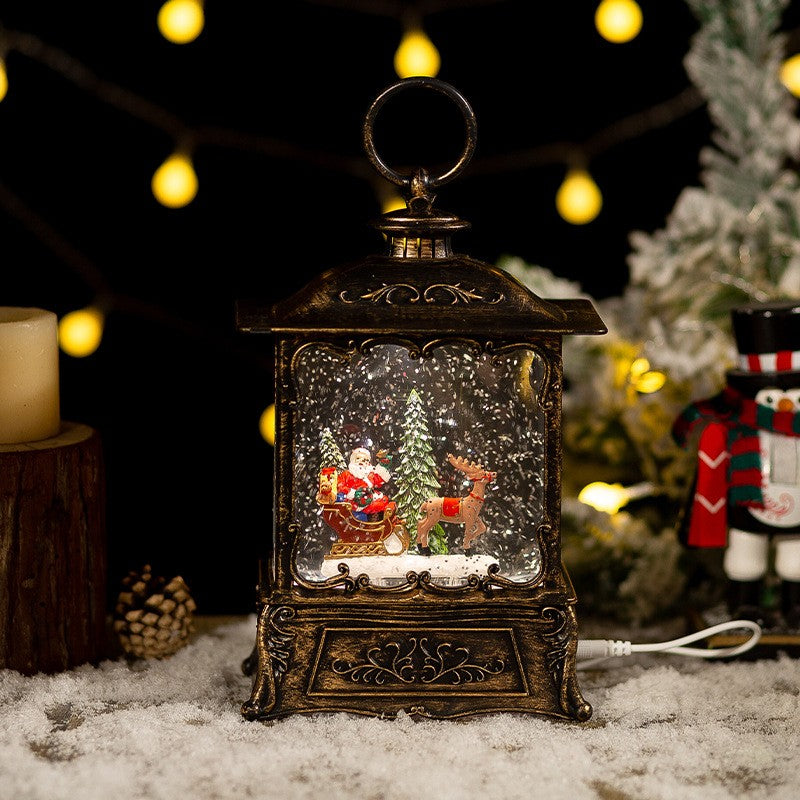 Decoratiune Craciun, Tip Felinar, Figurine Mos Craciun Cu Sania, 3 Moduri, Functie Muzicala, Zapada In Miscare, Functioneaza Cu Baterii ( 3 X Aa Neincluse), Cablu Usb (Inclus), Model Vintage Negru -, Alb Cald