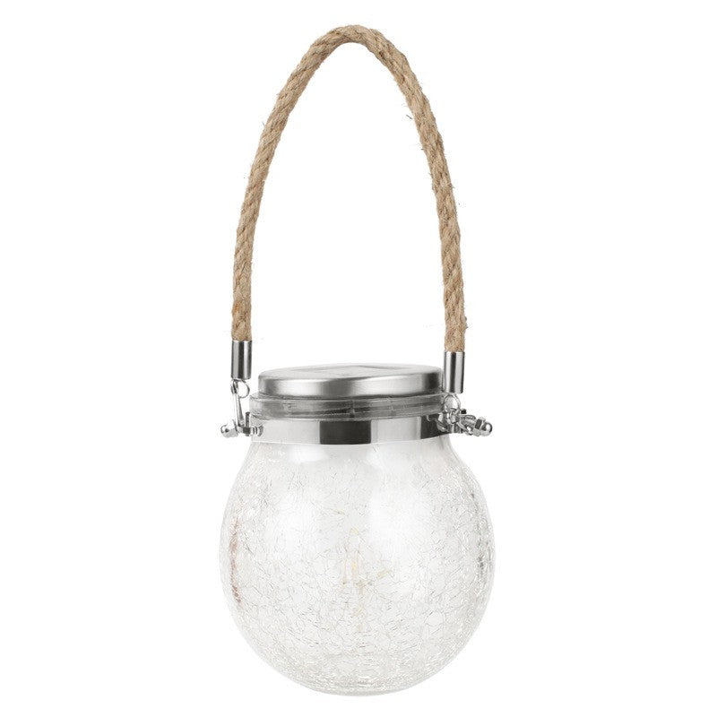 Lampa solara decorativa pentru exterior Vivimall, IP65, 20 LED-uri, 600mAh, 14 x 12 cm, cu agatatoare, model borcan rotund, alb cald