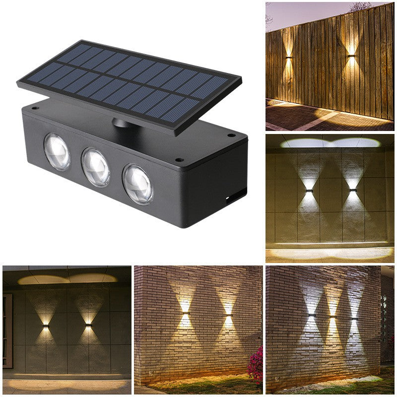 Lampa solara LED bidirectionala Vivimall, cu panou ajustabil, comutator culoare lumina, pentru perete, scari, gradina, terasa, 16 x 6.5 cm, 6 LED-uri, material ABS, baterie 3.7 V, 1200mah, multicolor