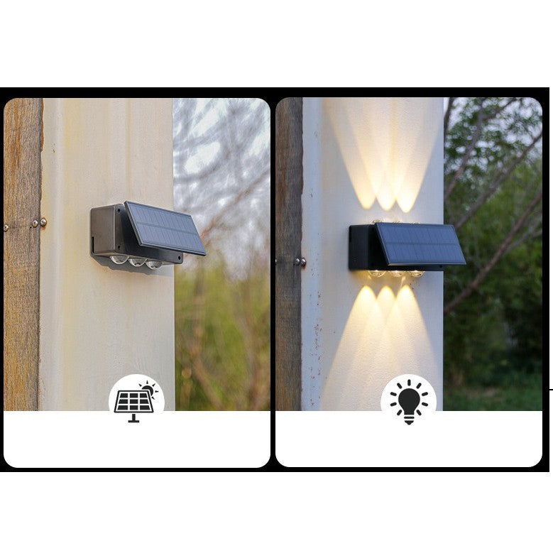 Lampa solara LED bidirectionala Vivimall, cu panou ajustabil, comutator culoare lumina, pentru perete, scari, gradina, terasa, 16 x 6.5 cm, 6 LED-uri, material ABS, baterie 3.7 V, 1200mah, multicolor
