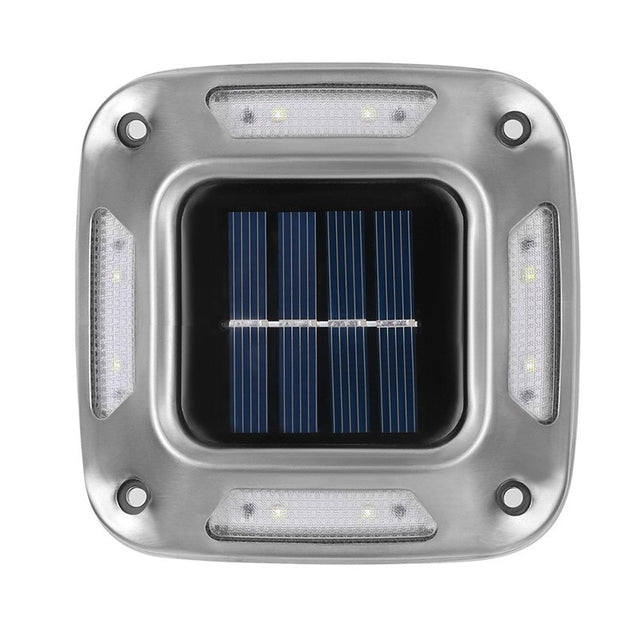 Lampa solara LED pentru gradina Flippy, 8 LED-uri, prindere de perete sau impamantare, IP65, forma patrat, material ABS si Policarbonat, 9 x 9 cm, baterie 1.2V, 600 mah, alb cald - vivimall.ro