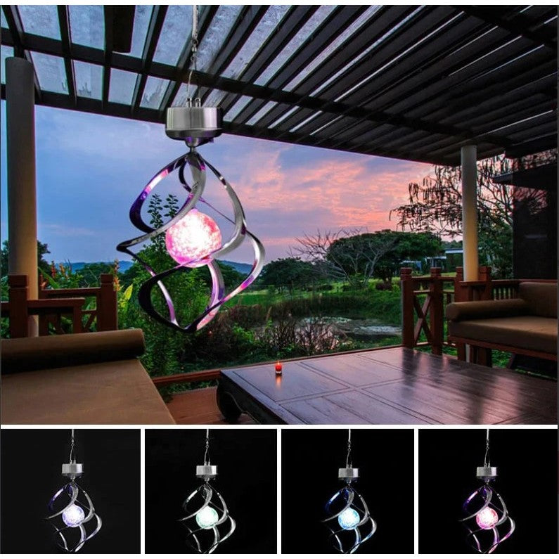 Lampa solara LED RGB spirala pentru gradina/terasa Vivimall, se roteste de la vant, 35 x 5.5 cm, rezistenta la apa, 2V, 600 mAh, multicolor