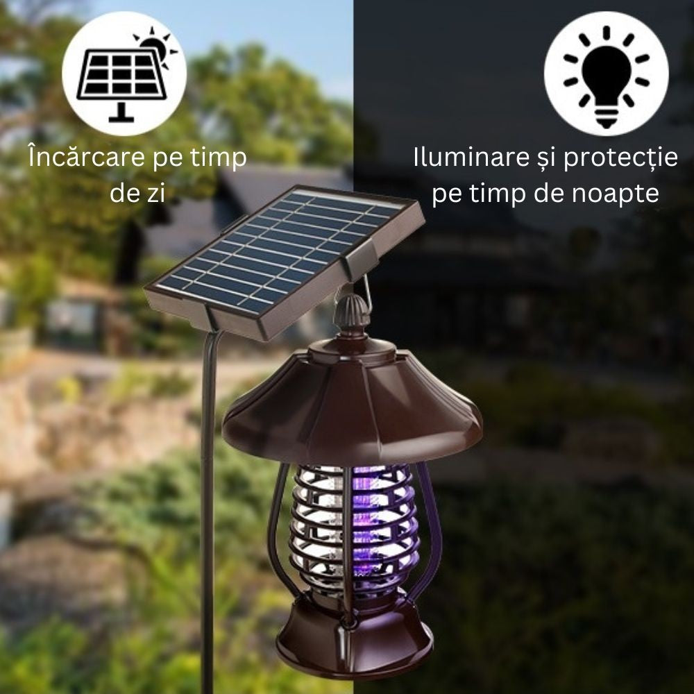 Lampa Solara Pentru Gradina, Anti-Insecte, Tantari, Muste, Uv, Led, Material Abs, Putere 5W, 1.2 V, Autonomie 8 Ore, 2 Moduri De Functionare, Ip65, Electric Shock 380 Volti, 30 X 19.5 Cm, Maro - vivimall.ro