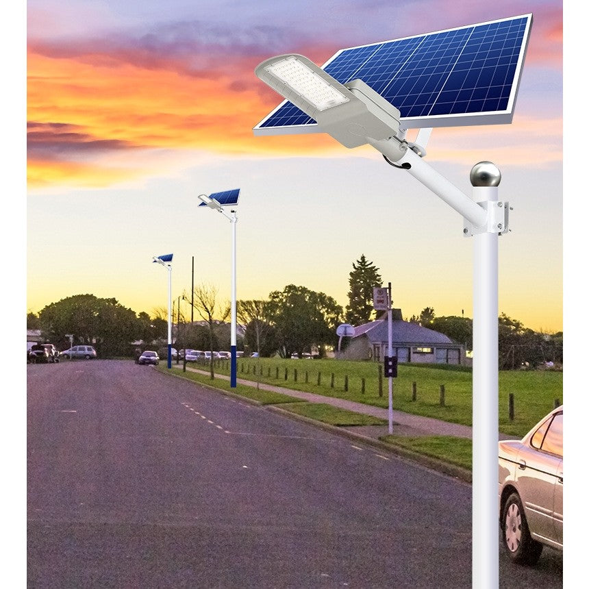 Lampa Solara Stradala, Ip65, Senzor De Lumina, 60 Led-Uri Smd, 2250 Lm, Panou 25W, Putere 200W, Autonomie 12-16 Ore, Telecomanda, Montare Prin Fixare, Pentru Strada Sau Gradina, Finisaj Mat, Material Abs, 51.5 X 21 X 7.5, Gri - vivimall.ro