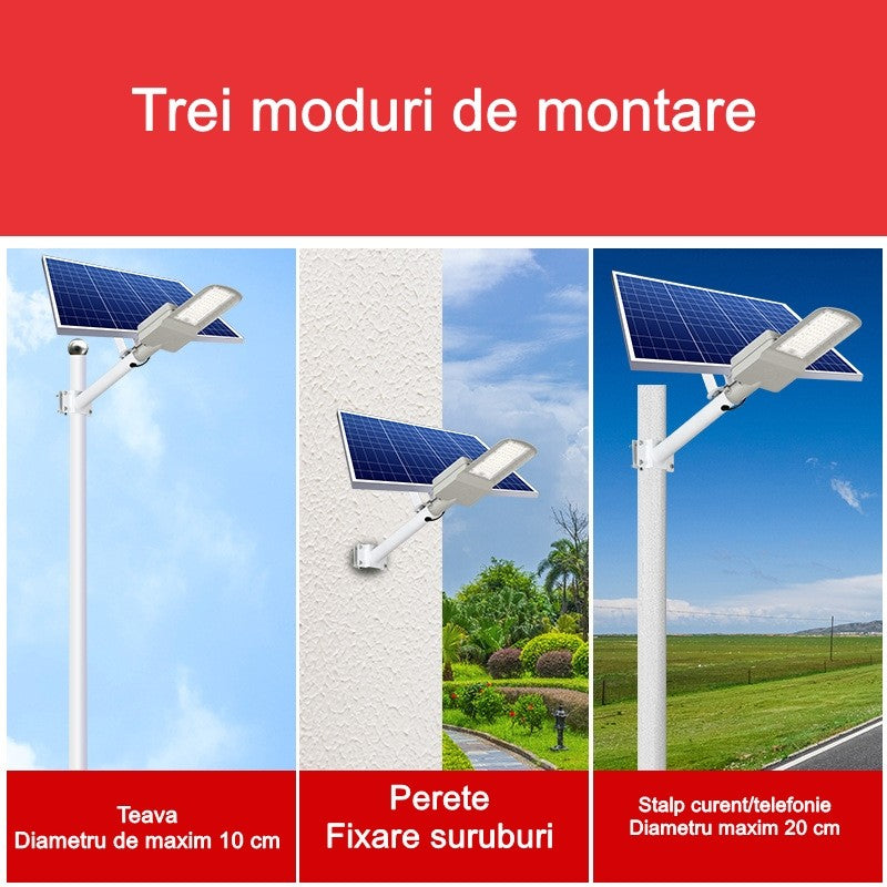 Lampa Solara Stradala, Ip65, Senzor De Lumina, 60 Led-Uri Smd, 2250 Lm, Panou 25W, Putere 200W, Autonomie 12-16 Ore, Telecomanda, Montare Prin Fixare, Pentru Strada Sau Gradina, Finisaj Mat, Material Abs, 51.5 X 21 X 7.5, Gri - vivimall.ro
