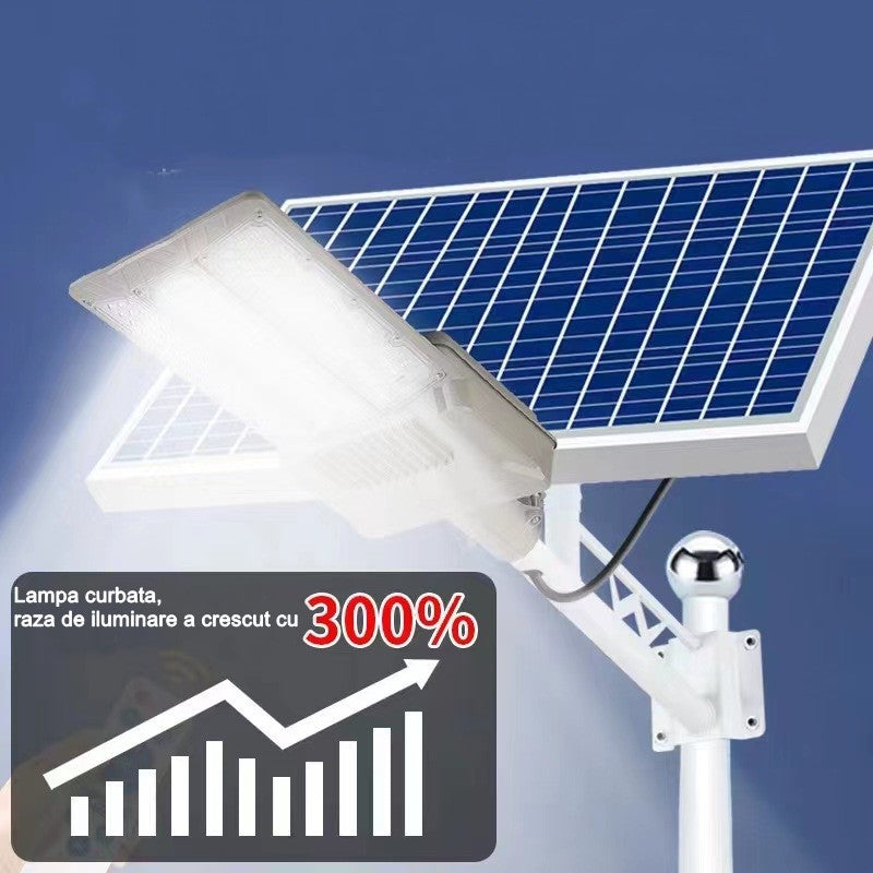 Lampa Solara Stradala, Pentru Curte Sau Strada, Cu Doua Grile, Finisaj Mat, Rezistent La Apa, Montare Prin Fixare, Senzor Lumina, Baterie De Litiu, Ip65, Lumina Rece, Putere 300W, Autonomie 10 Ore, 51.5 X 21 Cm, Gri - vivimall.ro