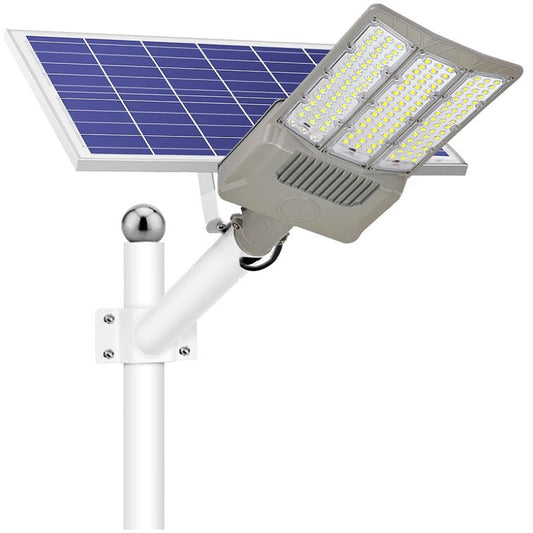 Lampa solara stradala Vivimall, pentru curte sau strada, cu trei grile, finisaj mat, rezistent la apa, montare prin fixare, senzor lumina, baterie de litiu, IP65, lumina rece, putere 1000W, autonomie 10 ore, 55 x 23 x 9 cm, gri - vivimall.ro