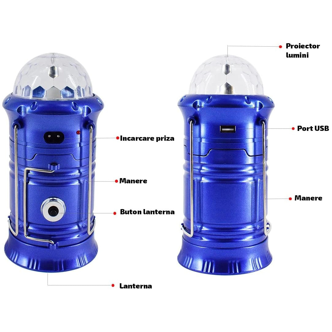 Lanterna Pliabila De Camping Magic Cool Cu Lampa Disc Si Usb Lanterna, Felinar, Acumulator 1200 Mah, Reincarcabila, 6 Led + 1 W + 3C Culori, Albastru - vivimall.ro