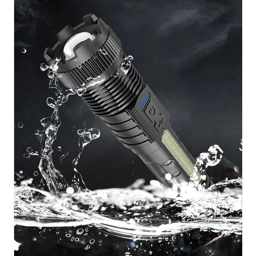 Lanterna LED Telescopica, Vivimall, Incarcare USB, Raza 200 m, 100W, 2 Surse de Lumina, 1200 mAh, Model P50, 16 x 3.8 x 3 cm, Negru - vivimall.ro