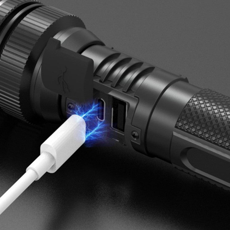 Lanterna LED Lumina Alba, Flippy, Lanterna cu Zoom Telescopic, Baterie externa, din Aluminiu + ABS, 1800 mAh, 17 x 4 x 3 cm, Negru