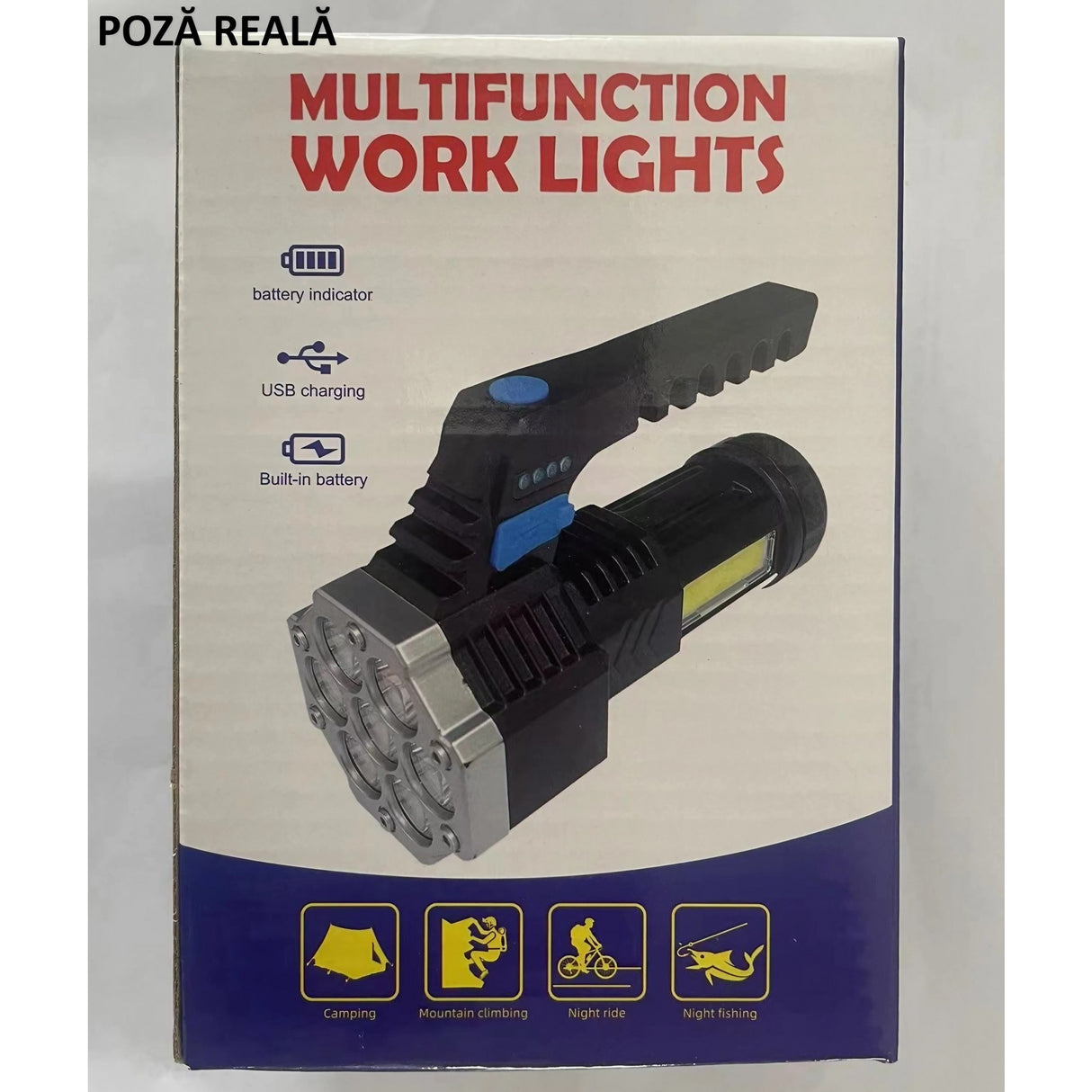 Lanterna Led Lumina Puternica, Rezistenta La Apa, Tip Proiector Cob, Lanterna Reincarcabila, Usb, Cu Maner Pentru Drumetii, Lanterna De Urgenta, Aer Liber, 14.1 X 6.4 Cm, Culoare Negru Cu Comutator Albastru - vivimall.ro