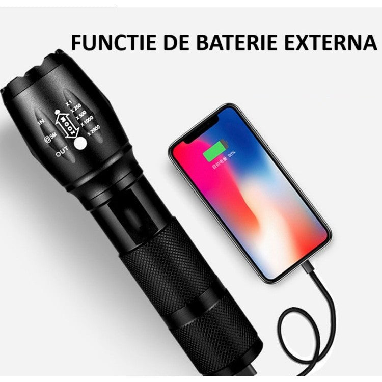 Lanterna Power Bank Led, Incarcare Usb, Raza 300M, 5W, Functie Zoom Si Incarcare Telefon - vivimall.ro