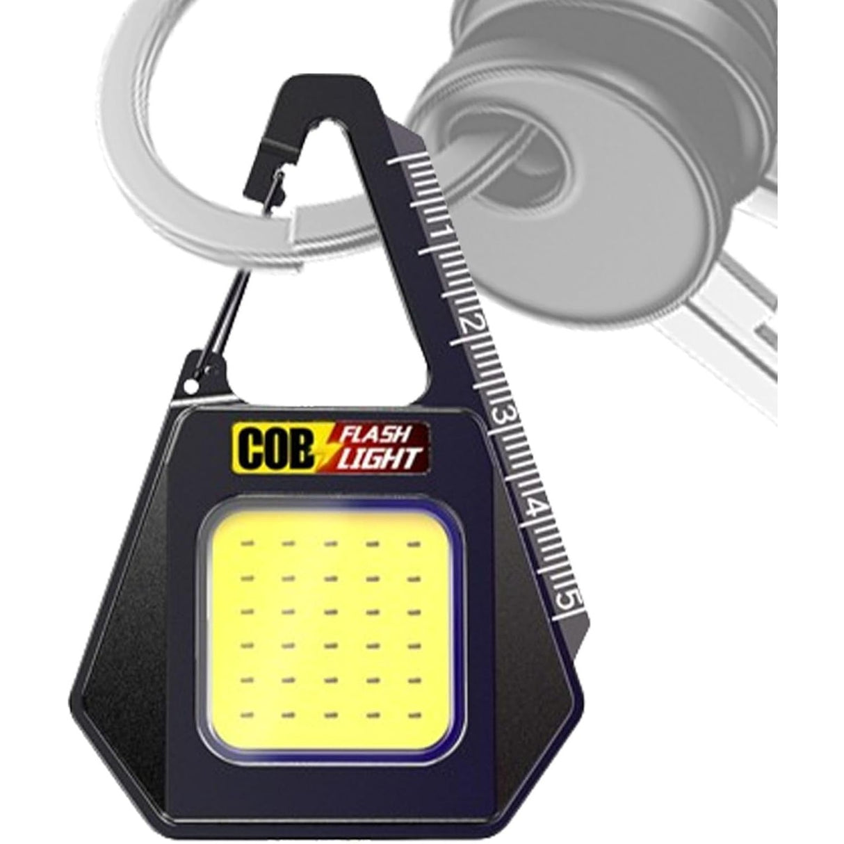 Lanternă mini breloc COB LED aprinsă, rază de lumină 500 lumeni, vedere din față