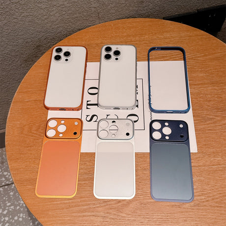 Husă iPhone 14 Pro Max portocalie mat, detaliu decupaj cameră foto și butoane