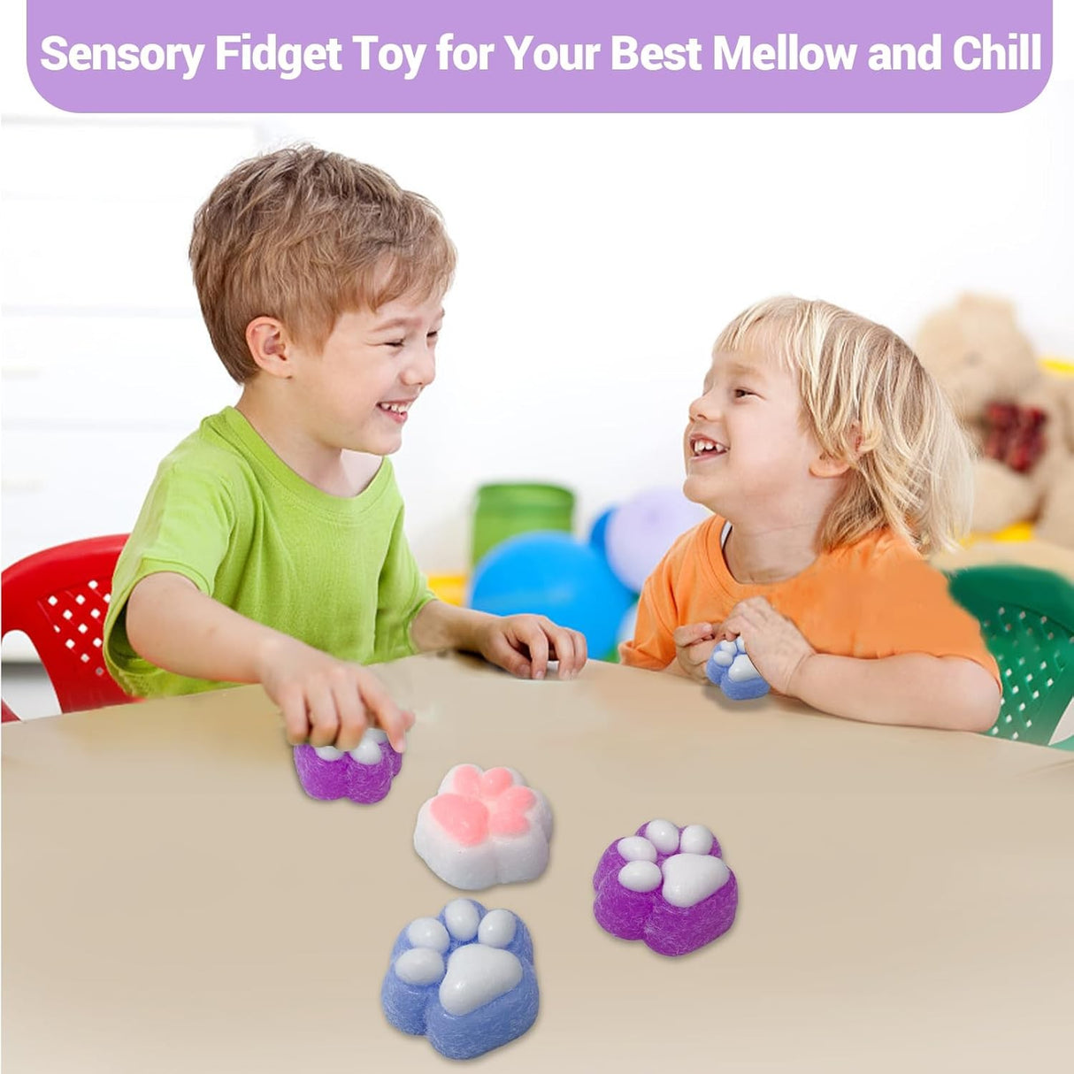 Jucarie Antistres Squishy, Vivimall, cu Revenire Lenta, Squeeze Pinch Family, Model Labuta de Pisica Pufoasa, 6x6 cm, 72g, Ambalaj Transparent, Mov-Alb - vivimall.ro