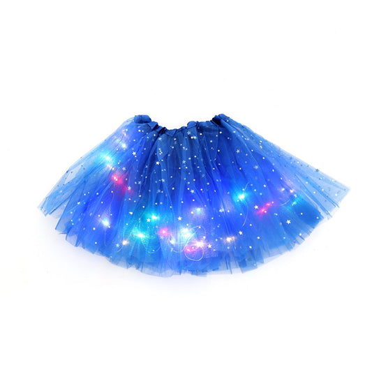 Fustă tutu albastră cu lumini LED pentru fetițe, model Stele, vedere frontală completă