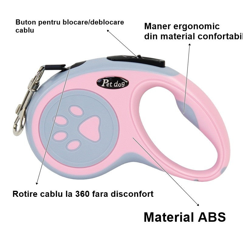 Lesa Automata Retractabila, Vivimall, pentru Caini, 3m, 20 kg, ABS/Nylon, Roz/Gri, 8x12x4 cm - vivimall.ro
