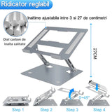Stand laptop Flippy ajustabil pe înălțime, detaliu inserții anti-alunecare și structură metalică robustă