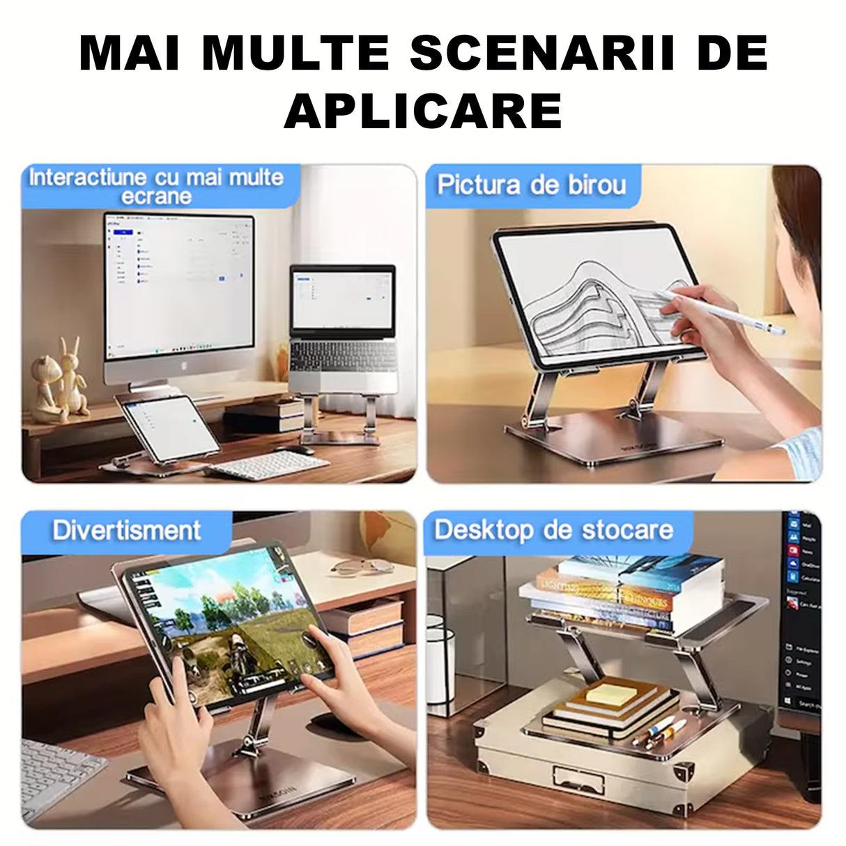 Suport ergonomic Flippy cu laptop deschis poziționat, unghi reglabil, utilizare la birou, gri închis