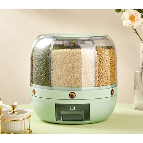 Dozator de cereale Vivimall, rotativ 360, 6 compartimente, capacitate 6 L, rezistent la umezeala, inchidere etansa, verde deschis - vivimall.ro