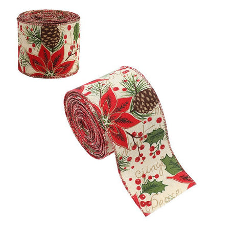 Panglica Decorativa pentru Craciun, Flippy, Ornament pentru Brad de Craciun, Pretreceri, Panglica cu Design Conuri si Floare Rosie, 200 x 6.3 cm, Khaki- - vivimall.ro
