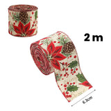 Panglica Decorativa pentru Craciun, Flippy, Ornament pentru Brad de Craciun, Pretreceri, Panglica cu Design Conuri si Floare Rosie, 200 x 6.3 cm, Khaki- - vivimall.ro