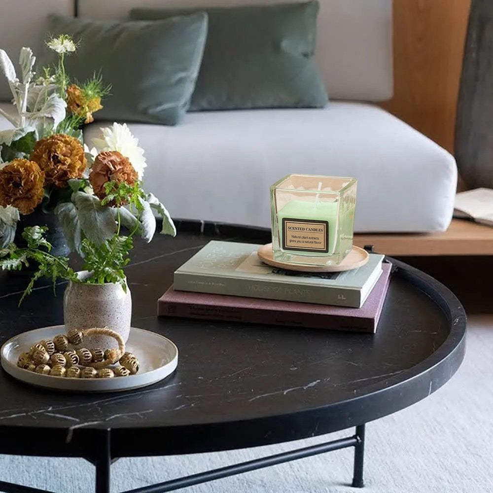 Lumanare Parfumata, Vivimall, Model Pahar Transparent, cu Ulei Esential, 4.8 x 5.4 x 5.5 cm, Aroma de Ceai Alb, Verde - vivimall.ro