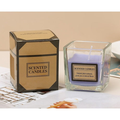 Lumanare Parfumata, Vivimall, Model Pahar Transparent, cu Ulei Esential, 4.8 x 5.4 x 5.5 cm, Aroma de Lavanda, Mov - vivimall.ro