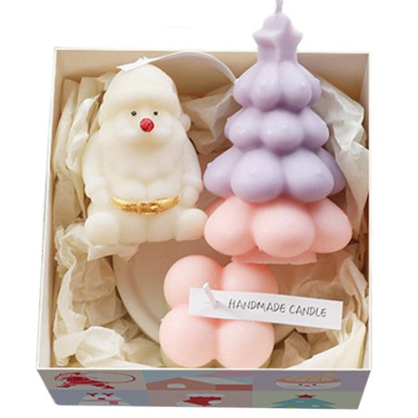 Set 3 lumânări parfumate de Crăciun handmade în cutie cadou, culori mov și roz, vedere frontală