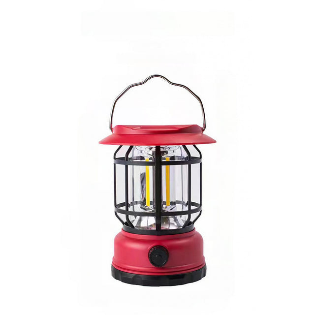 Lampa portabila camping, Felinar Vintage, ABS, Iluminare 30 COB LED, Intensitate reglabila, Acumulator inclus, Incarcare Solara si USB, 5W, Vivimall, Rosu - vivimall.ro
