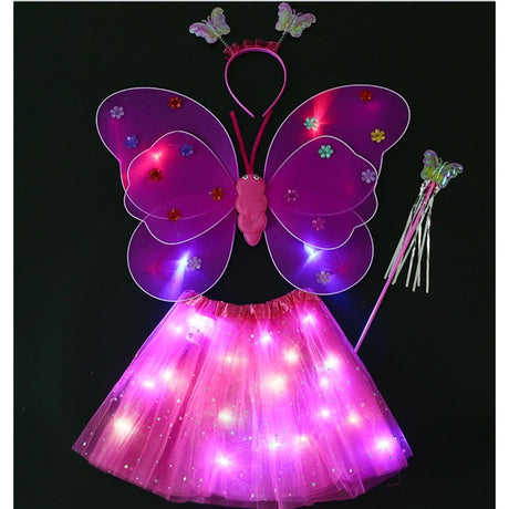 Costum Fluturas Cu Aripi Modelabile Luminoase Pentru Copii, Fusta Din Tul Cu Lumini, Bagheta Si Bentita, 4 Piese, Pentru Halloween, Roleplay, Craciun, Carnaval, Paste, Ziua Copilului, Bumbac/Poliester, Marime Universala, -Rosu - vivimall.ro