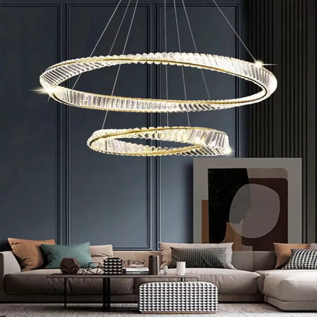 Lustra Led Suspendata Cu Telecomanda Si Cristal Cairo, 2 Cercuri, Lumina Rece/Calda/Neutra, Dimabila, Lucios - vivimall.ro