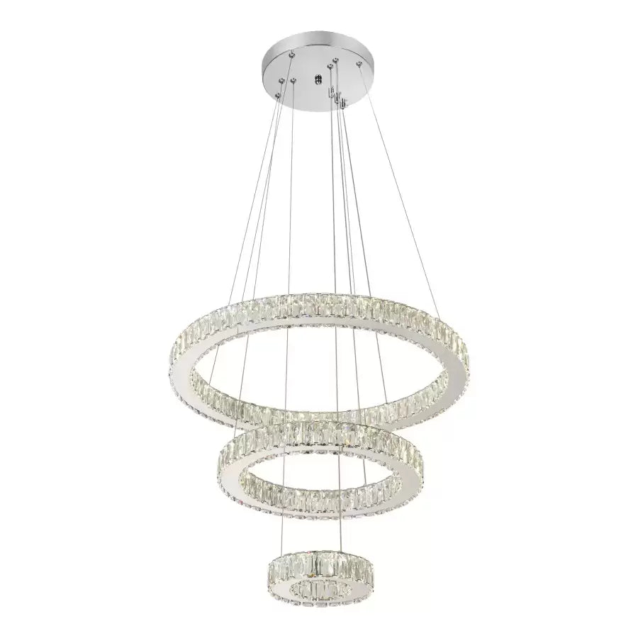 Lustra Led Suspendata Cu Telecomanda Si Cristal Canaan, 3 Cercuri, Lumina Rece/Calda/Neutra, Dimabila, Crom Lucios - vivimall.ro
